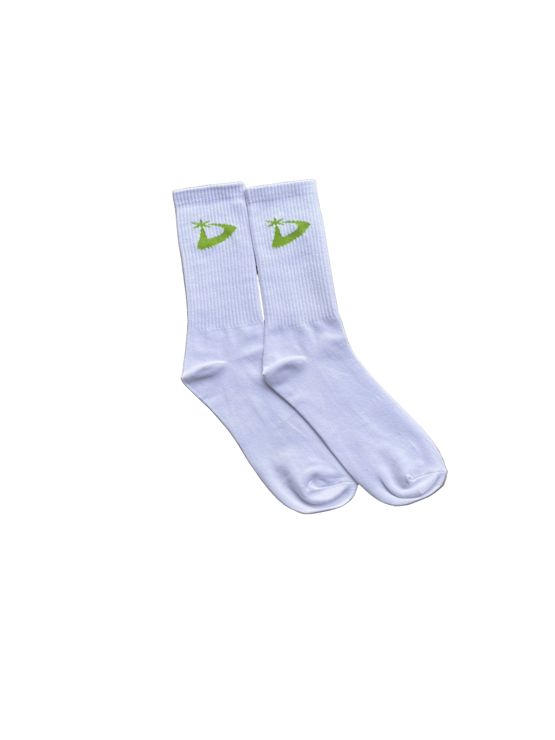 White socks with green D-Star logo on a white background